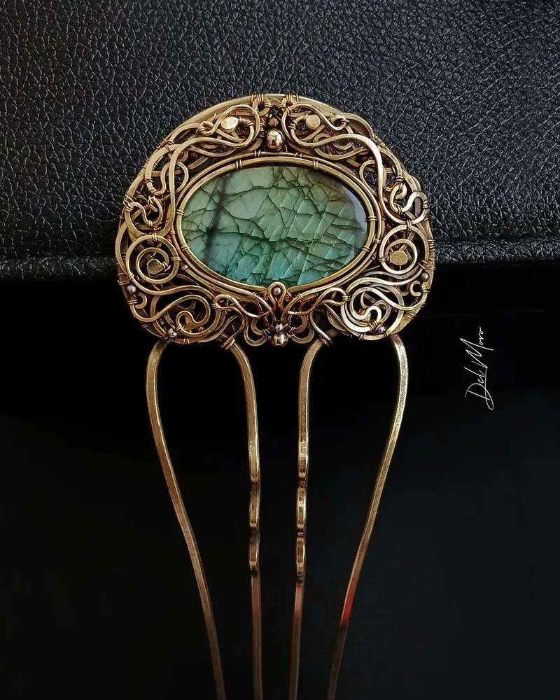 Гребень «Antique Mirror» с камнем — Зелёный, Лабрадорит 1