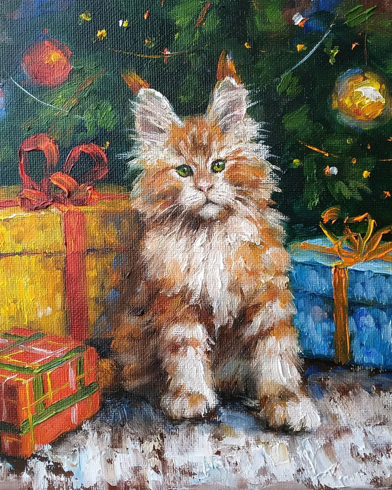 Новогодние котики. Картины маслом