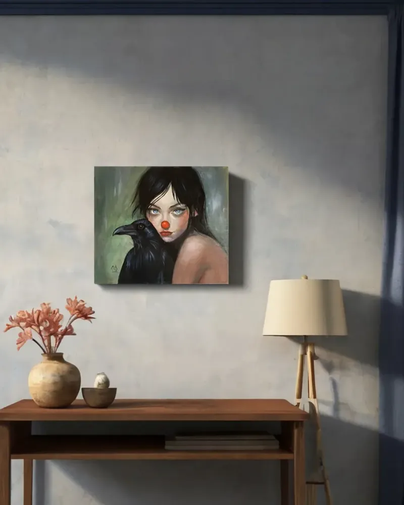 Клоунесса с вороном. Картина маслом 35×40 см — 35×40 см
