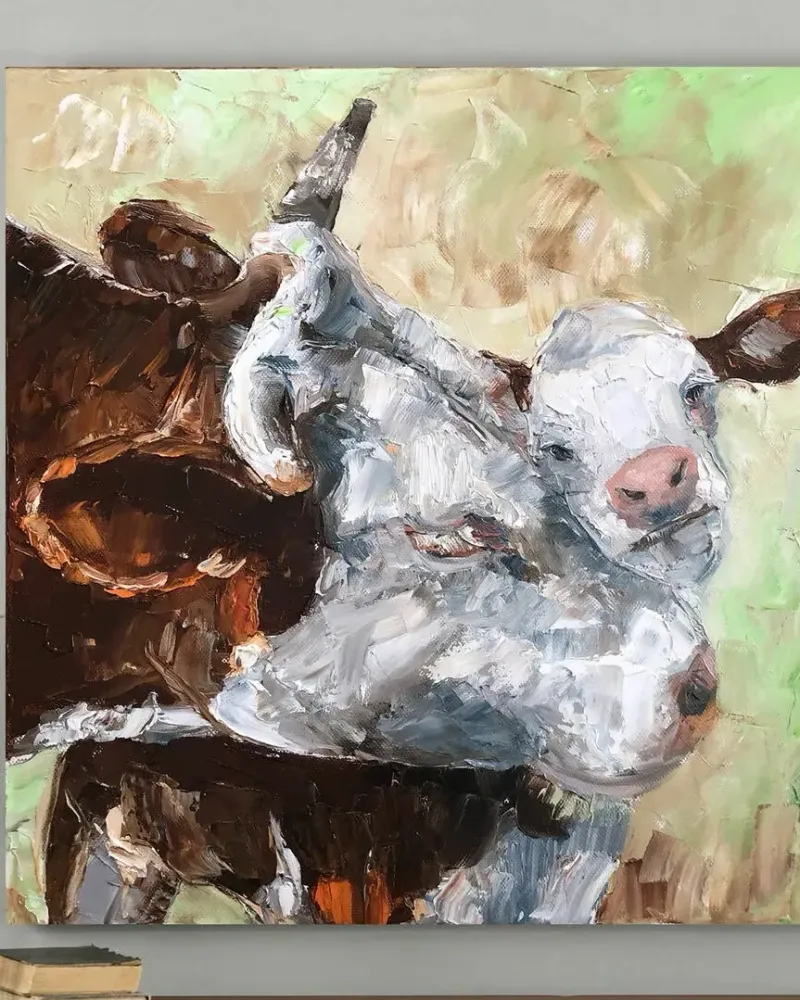 Коровы. Мама и малыш. Картина маслом 40×40 см — 40×40 см