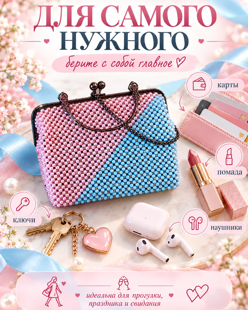 Сумочка "Диагональ" из бусин 6мм с блестками — Розово-голубая