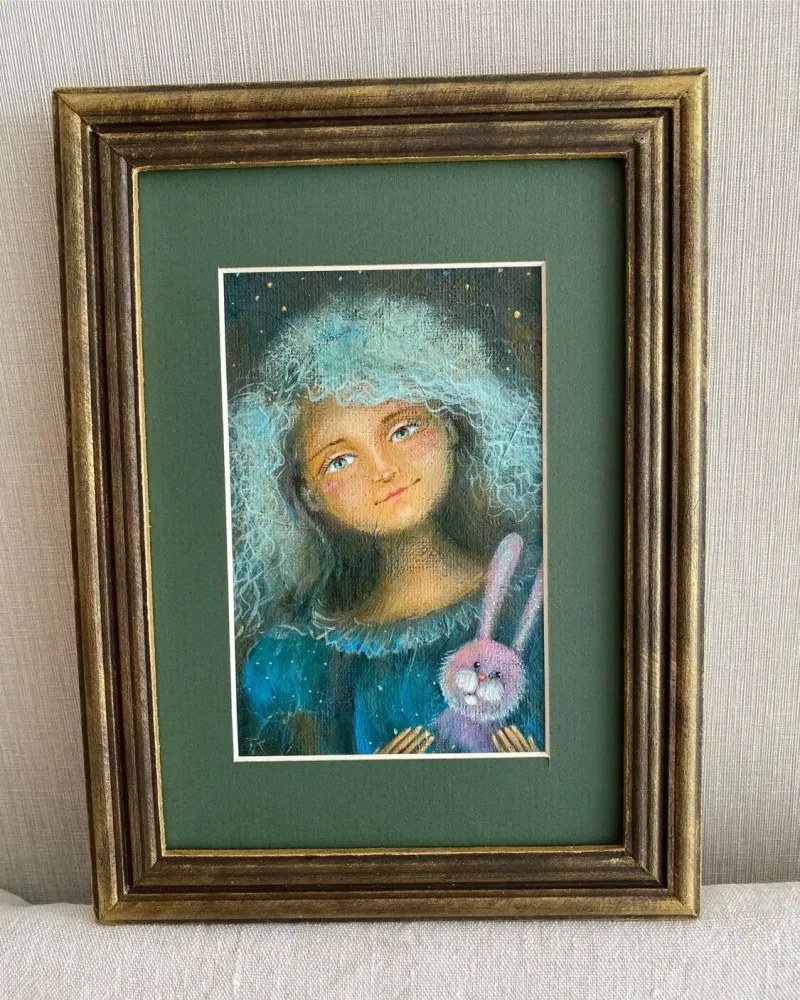 Картина «Зайка моя», акрил на бумаге, в раме 24×18 см