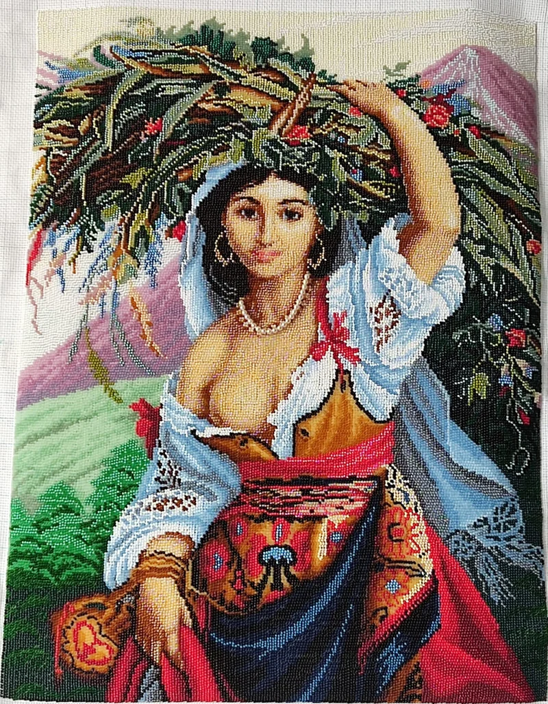 Картина, вышитая бисером «Итальянка с цветами»