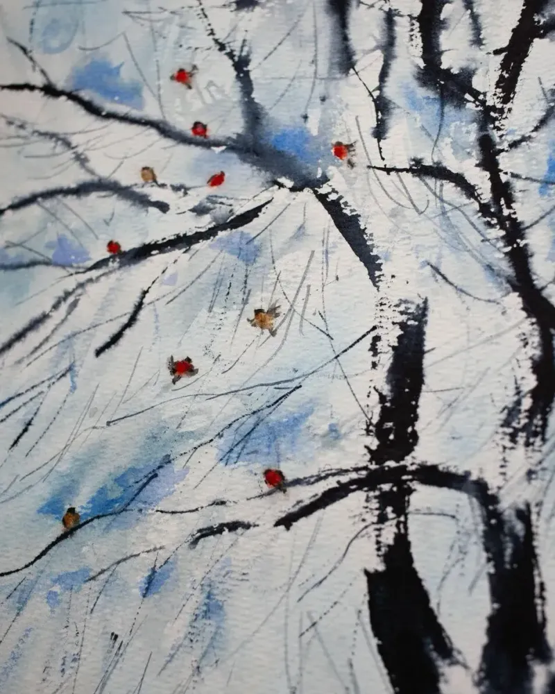 Снегири. Зимний пейзаж акварелью — 30×40 см
